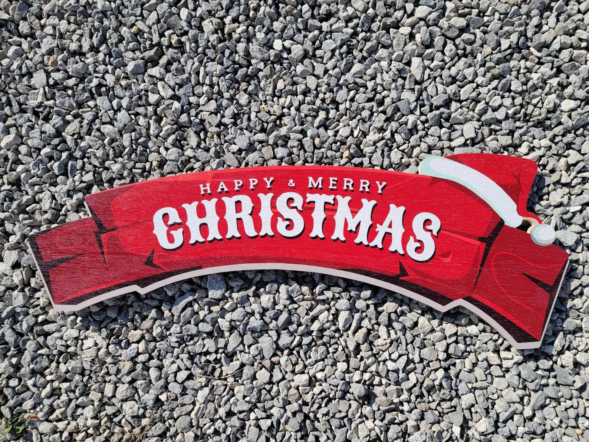 Large Merry and Happy Christmas sign banner for over the door or doorway red wood sign santa hat red and white on rustic wood planks
