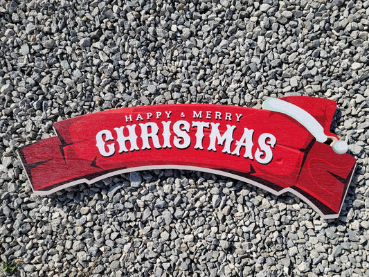 Large Merry and Happy Christmas sign banner for over the door or doorway red wood sign santa hat red and white on rustic wood planks