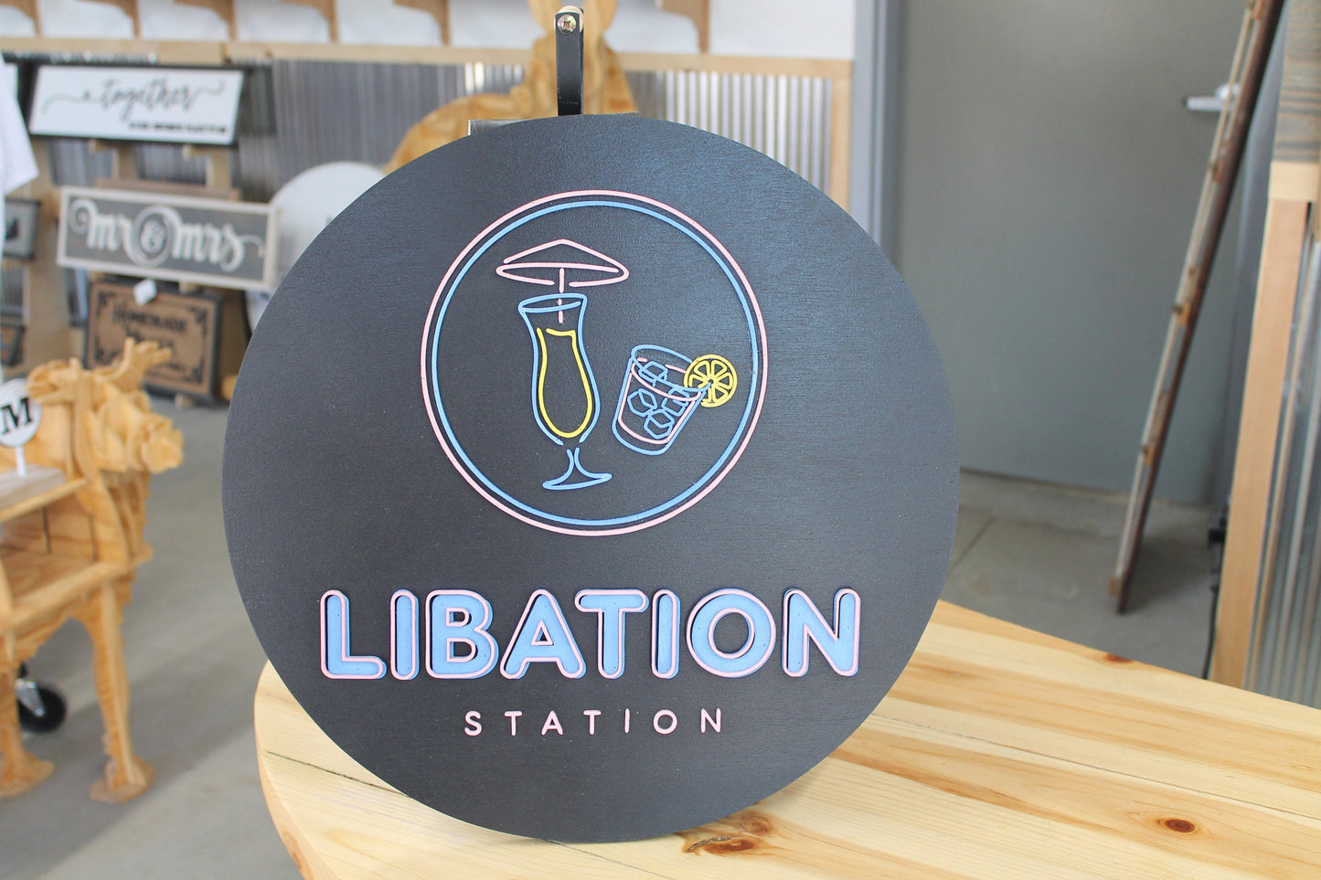 Bar Martini Fruity Drink Food Truck Beach Station Custom Round Business Commerical Sign Made to Order Small Shop Logo Wooden Handmade