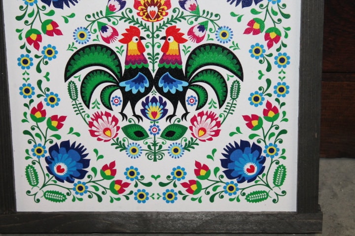 Mosaic Barn Quilt Blues Roosters Feather Flowers Bright Country Primitive Décor Print Wall Art Decoration Wall Hanging Farmhouse Rustic