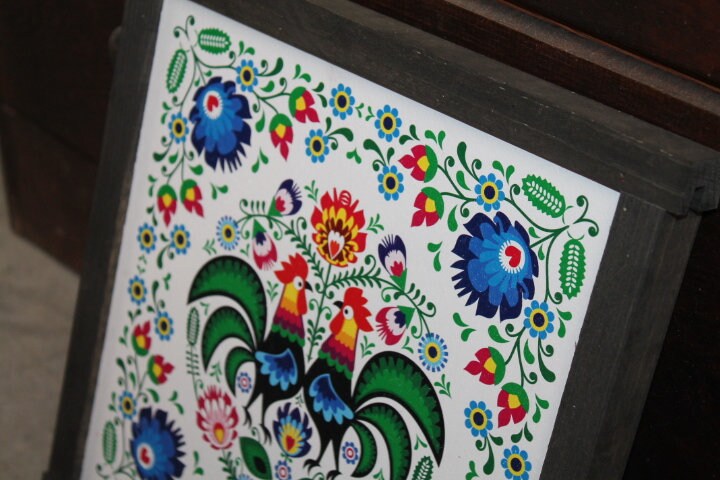 Mosaic Barn Quilt Blues Roosters Feather Flowers Bright Country Primitive Décor Print Wall Art Decoration Wall Hanging Farmhouse Rustic