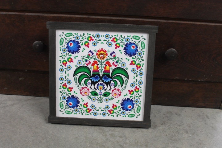 Mosaic Barn Quilt Blues Roosters Feather Flowers Bright Country Primitive Décor Print Wall Art Decoration Wall Hanging Farmhouse Rustic