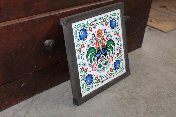 Mosaic Barn Quilt Blues Roosters Feather Flowers Bright Country Primitive Décor Print Wall Art Decoration Wall Hanging Farmhouse Rustic