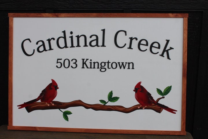 Cardinal Bird Red Address Sign Creek Printed 3D Detail Color Custom Personalized Farm Wooden Raised Handmade Framed Home Business