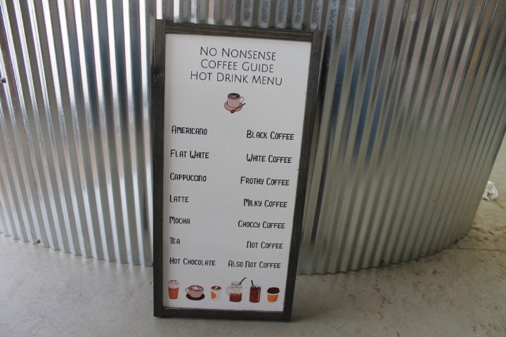 Coffee Bar Menu No Nonsense Tea Cocoa Hot Drinks Coffee Shop Decor Kitchen Sign Wall Art Farmhouse Primitive Rustic Text Large Pun