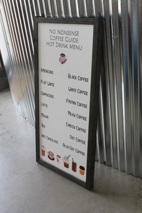 Coffee Bar Menu No Nonsense Tea Cocoa Hot Drinks Coffee Shop Decor Kitchen Sign Wall Art Farmhouse Primitive Rustic Text Large Pun