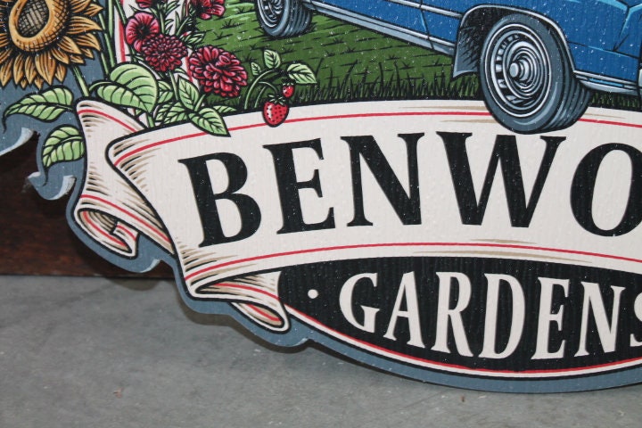 Sustainable Textured Garden Vintage Car Oval Contour Custom Made Sign Your Logo PVC All Weather Outdoor Fade Resistant UV Printed Color