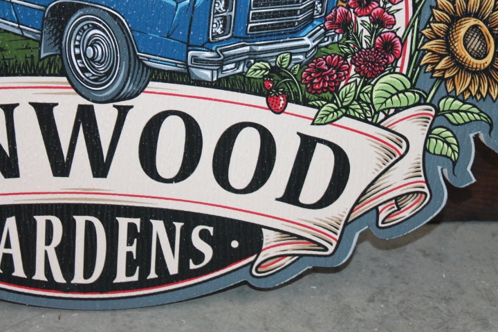 Sustainable Textured Garden Vintage Car Oval Contour Custom Made Sign Your Logo PVC All Weather Outdoor Fade Resistant UV Printed Color