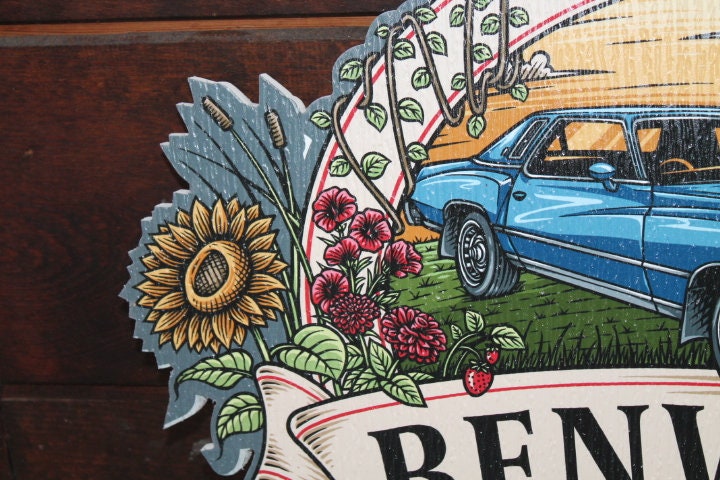 Sustainable Textured Garden Vintage Car Oval Contour Custom Made Sign Your Logo PVC All Weather Outdoor Fade Resistant UV Printed Color