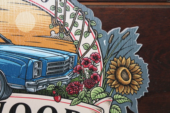 Sustainable Textured Garden Vintage Car Oval Contour Custom Made Sign Your Logo PVC All Weather Outdoor Fade Resistant UV Printed Color