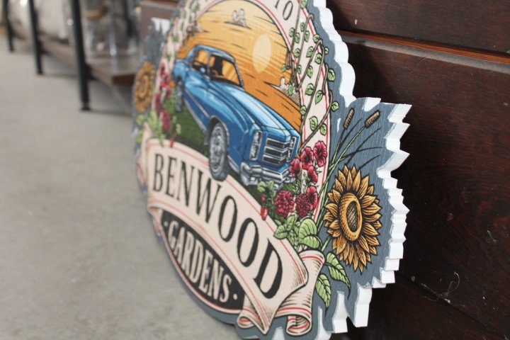 Sustainable Textured Garden Vintage Car Oval Contour Custom Made Sign Your Logo PVC All Weather Outdoor Fade Resistant UV Printed Color