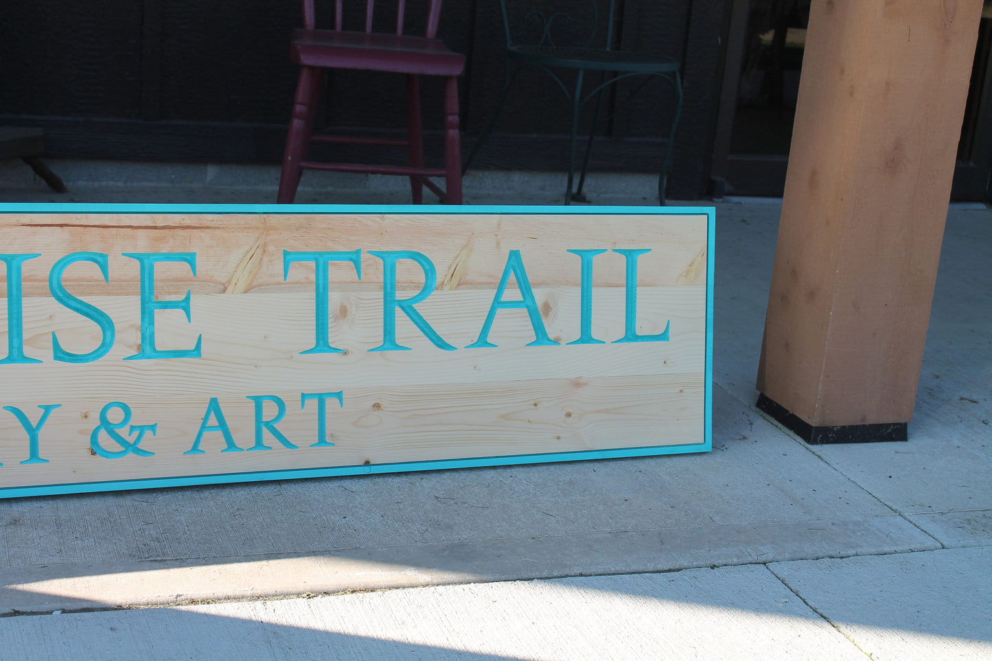 Jewely and Art Turquoise Seafoam Trail Business Commerical Sign Personalized Custom Wooden Etched Sign Engraved Routed Color Filled