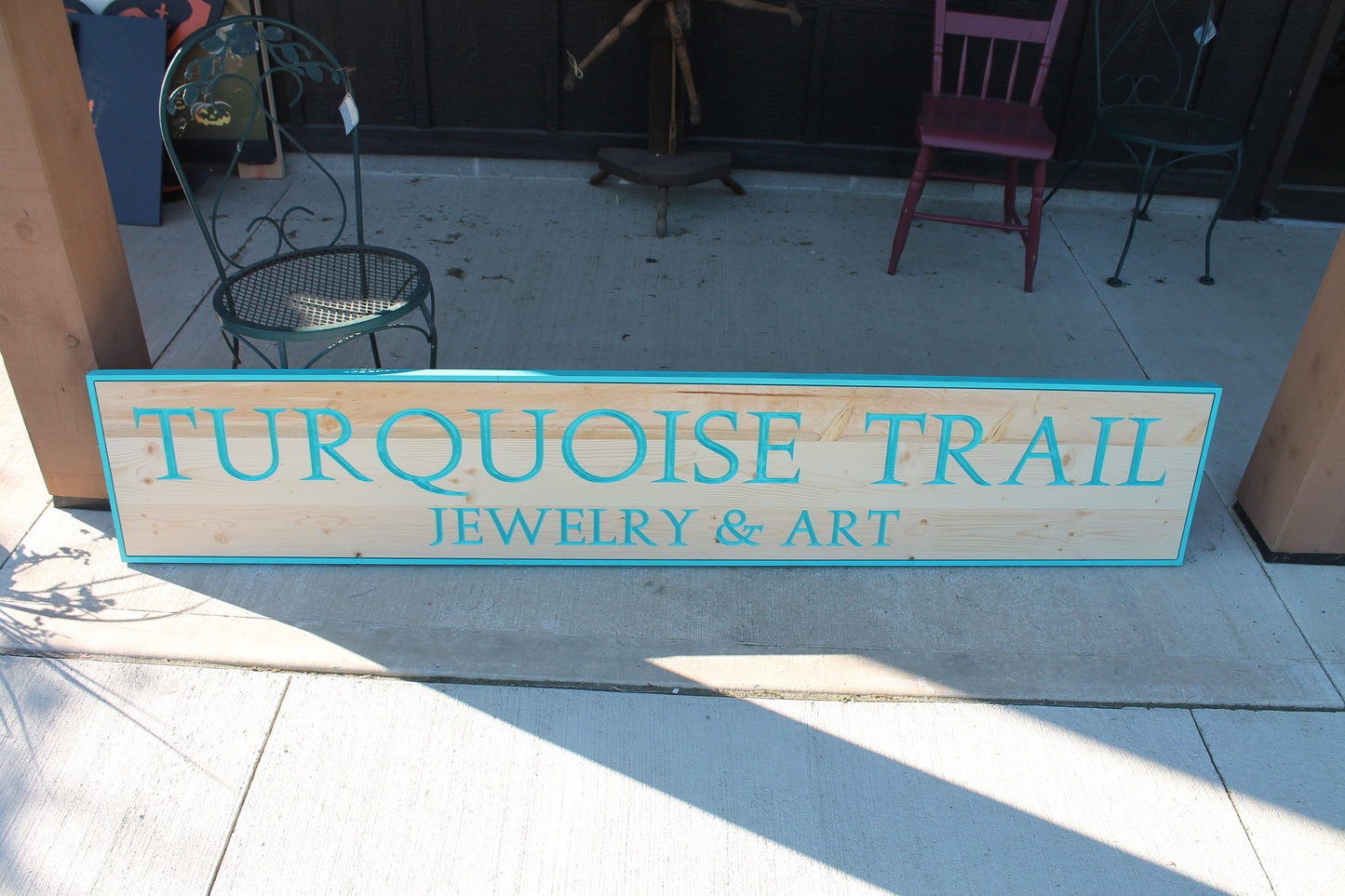 Jewely and Art Turquoise Seafoam Trail Business Commerical Sign Personalized Custom Wooden Etched Sign Engraved Routed Color Filled