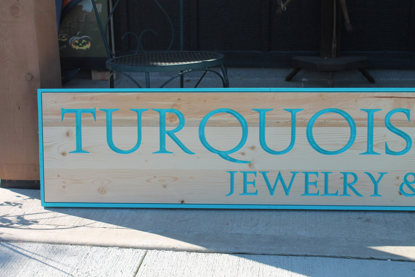 Jewely and Art Turquoise Seafoam Trail Business Commerical Sign Personalized Custom Wooden Etched Sign Engraved Routed Color Filled