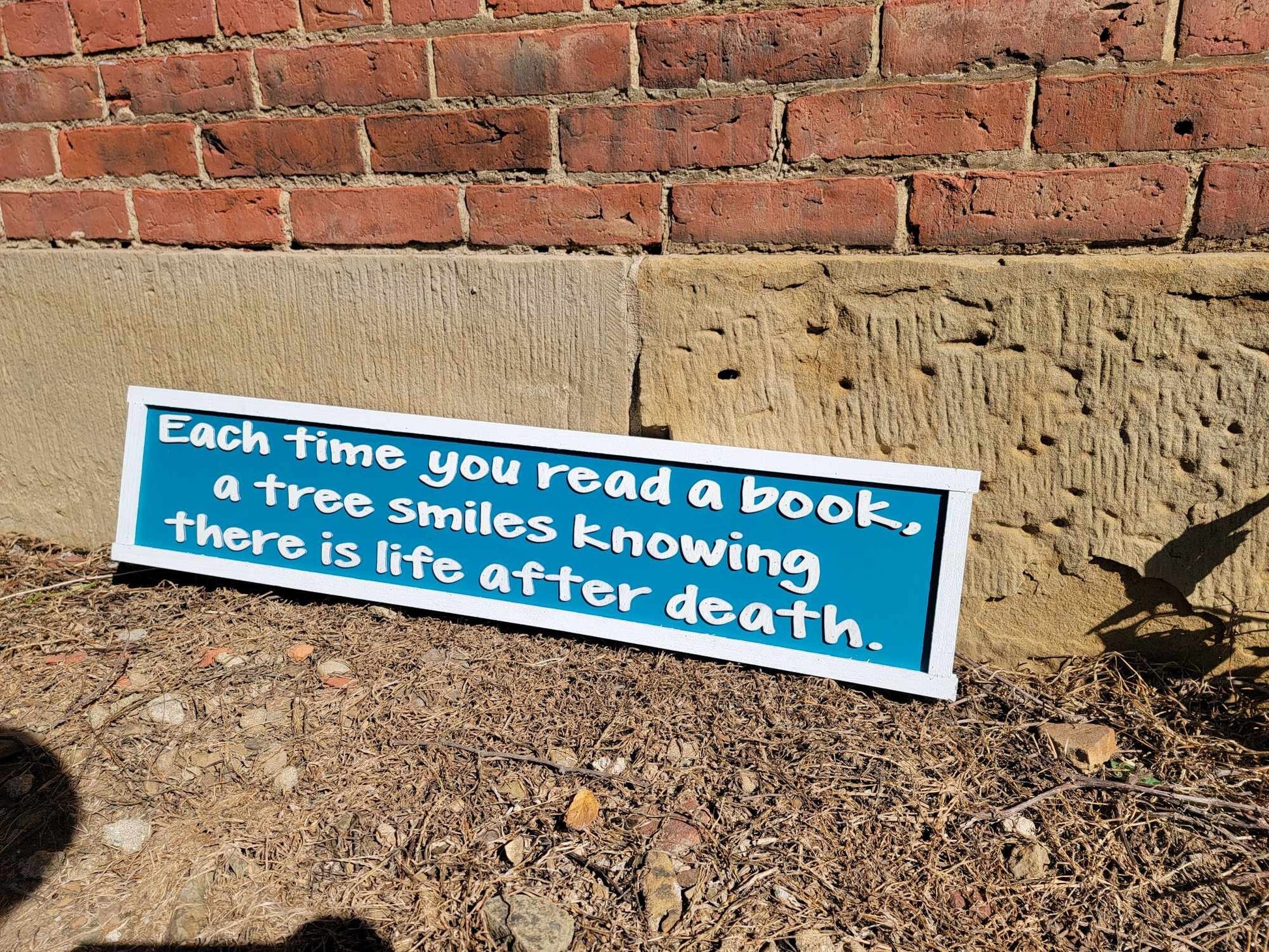 Books Reader Tree Wooden Handmade Home Decor Sign Raised Text Life After Death Time Blue and White Book Lover Quote Wall Art