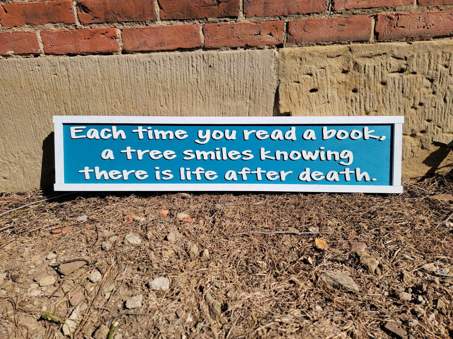 Books Reader Tree Wooden Handmade Home Decor Sign Raised Text Life After Death Time Blue and White Book Lover Quote Wall Art