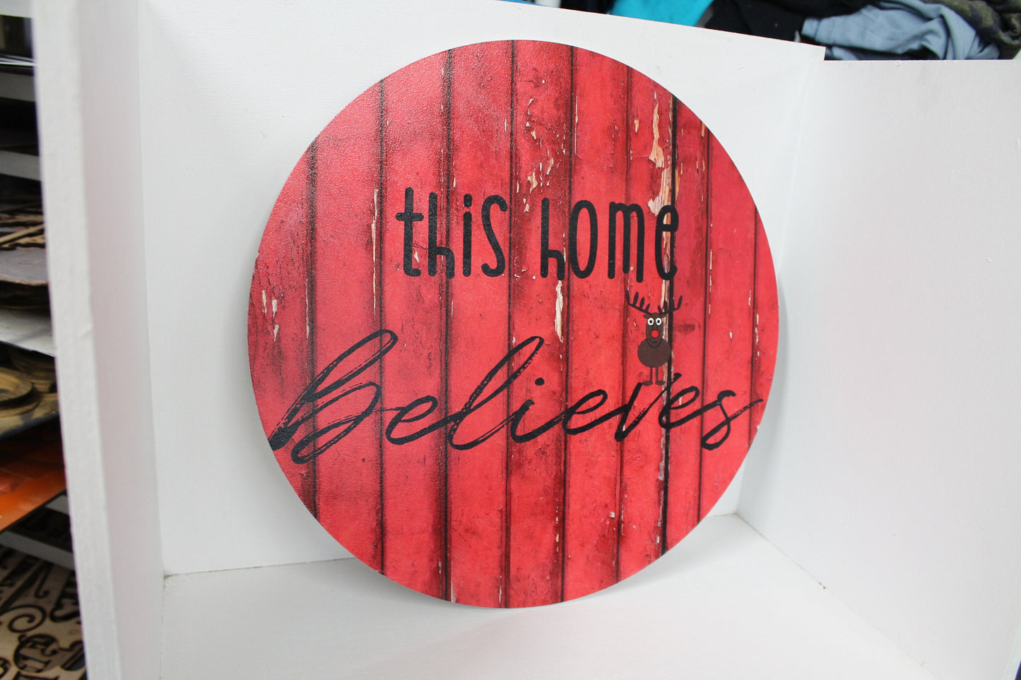 This House Believes Wreath Sign Red Barn Reindeer Wood Door Hanger Round Front Door Entry Way Decor Plaque Wall Art Wood Print