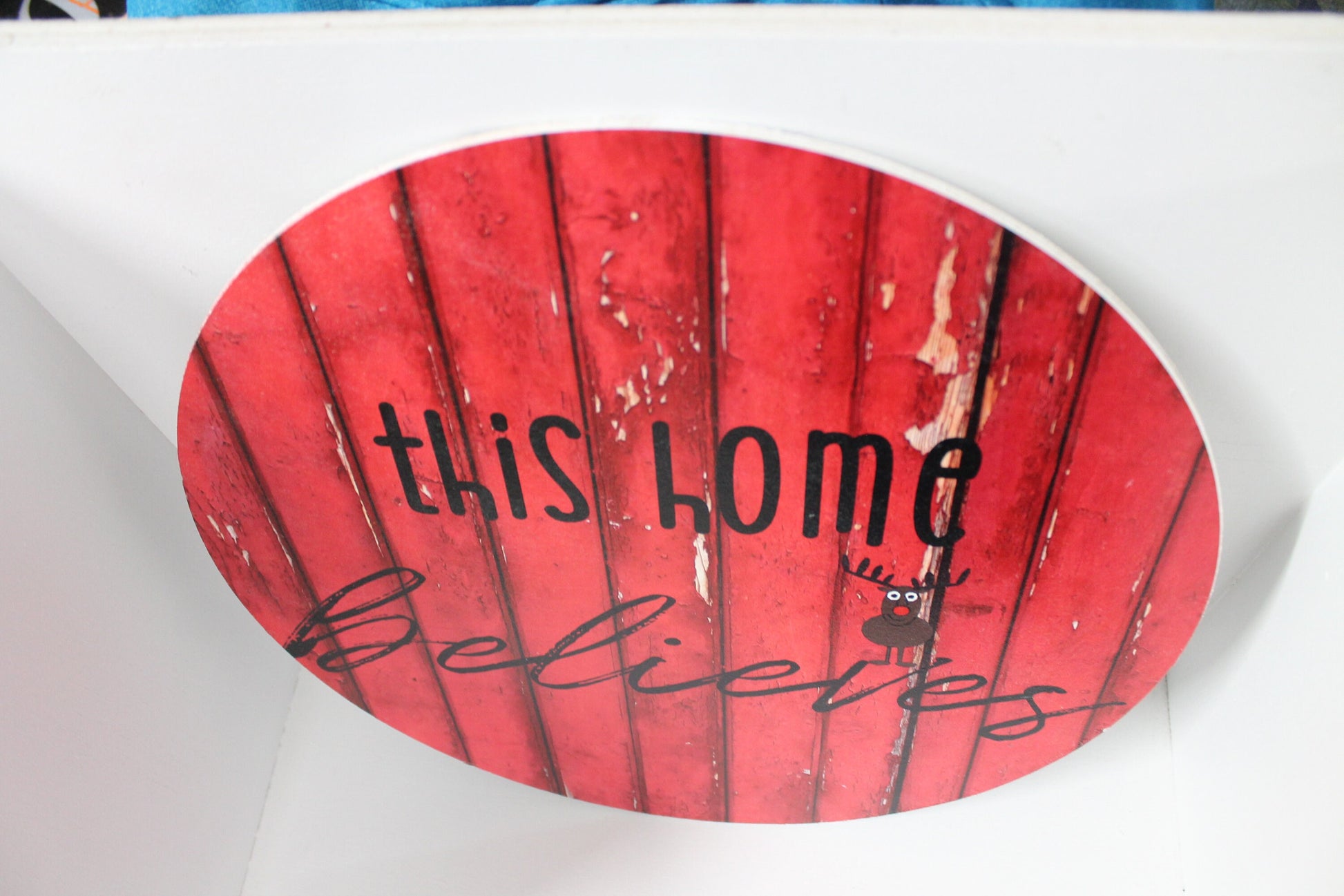 This House Believes Wreath Sign Red Barn Reindeer Wood Door Hanger Round Front Door Entry Way Decor Plaque Wall Art Wood Print
