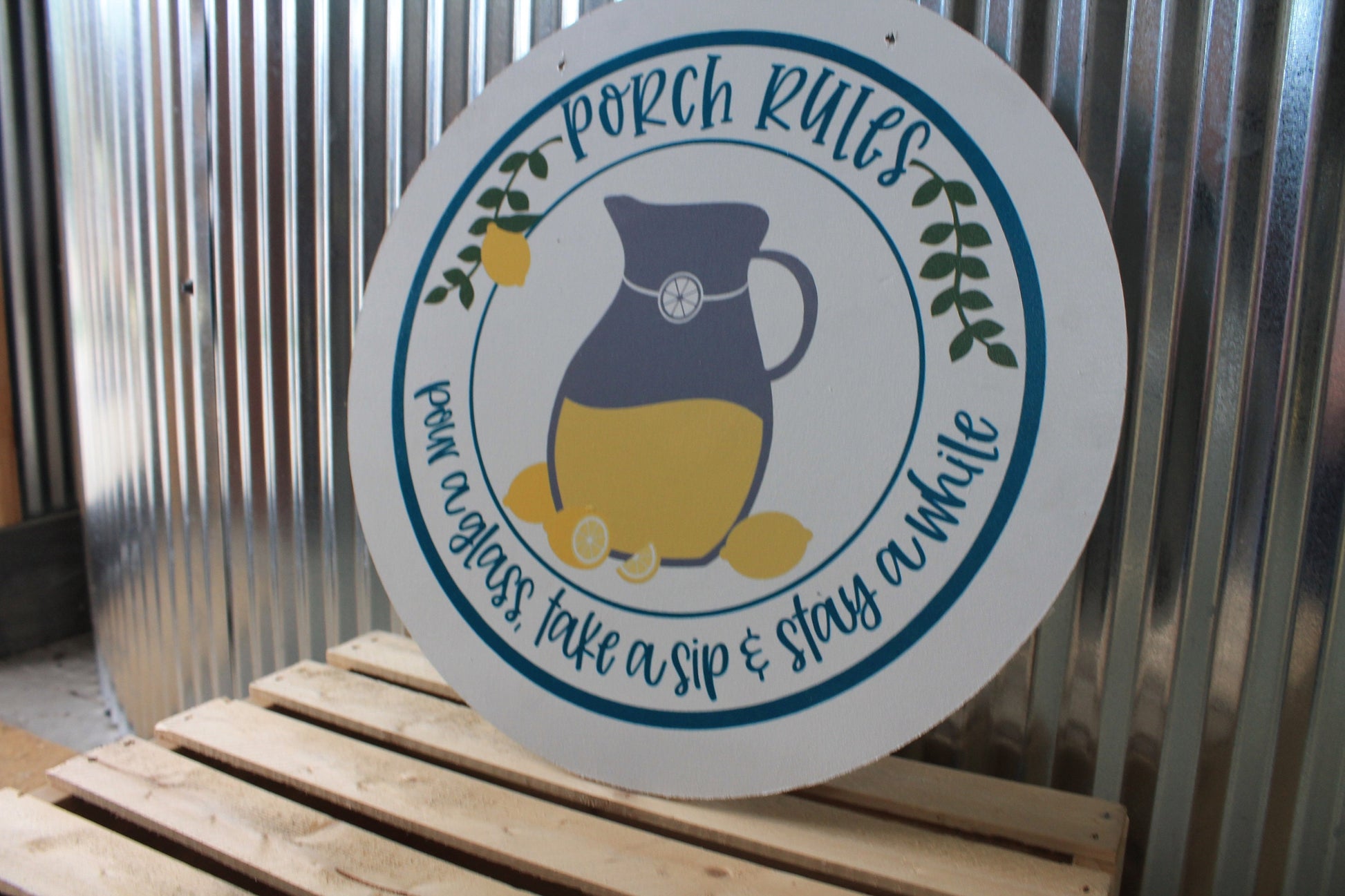 Porch Rules Lemonade Pitcher Pour a glass take a sip Stay awhile Wood Door Hanger Round Front Door Entryway Decor Plaque Wall Art Wood Print