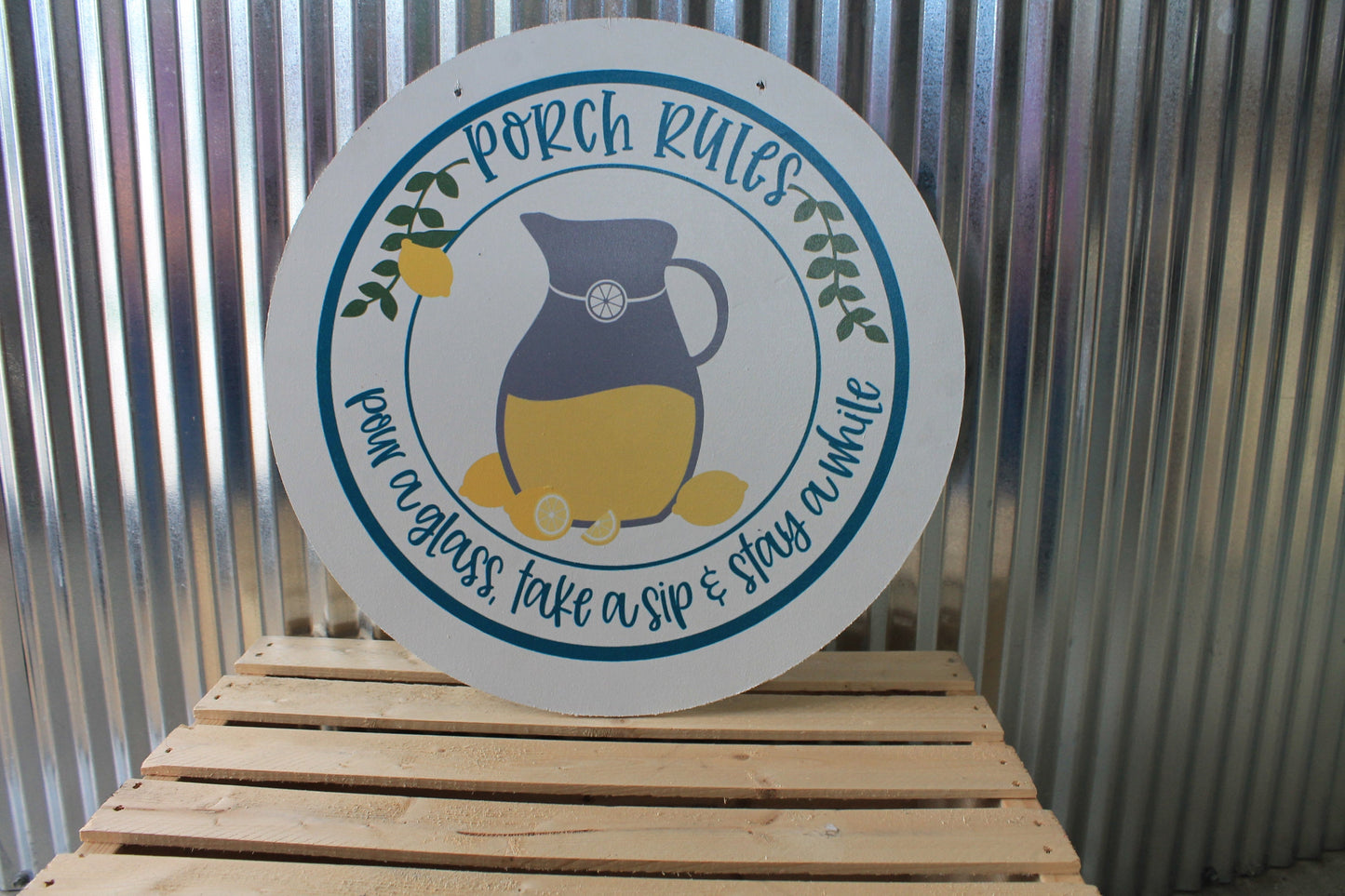 Porch Rules Lemonade Pitcher Pour a glass take a sip Stay awhile Wood Door Hanger Round Front Door Entryway Decor Plaque Wall Art Wood Print