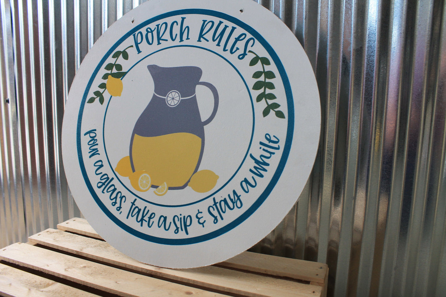 Porch Rules Lemonade Pitcher Pour a glass take a sip Stay awhile Wood Door Hanger Round Front Door Entryway Decor Plaque Wall Art Wood Print