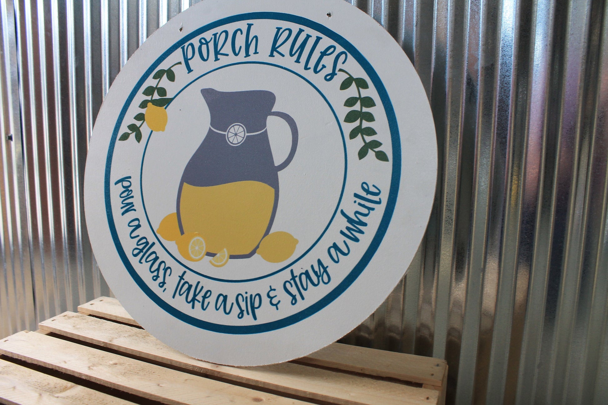 Porch Rules Lemonade Pitcher Pour a glass take a sip Stay awhile Wood Door Hanger Round Front Door Entryway Decor Plaque Wall Art Wood Print