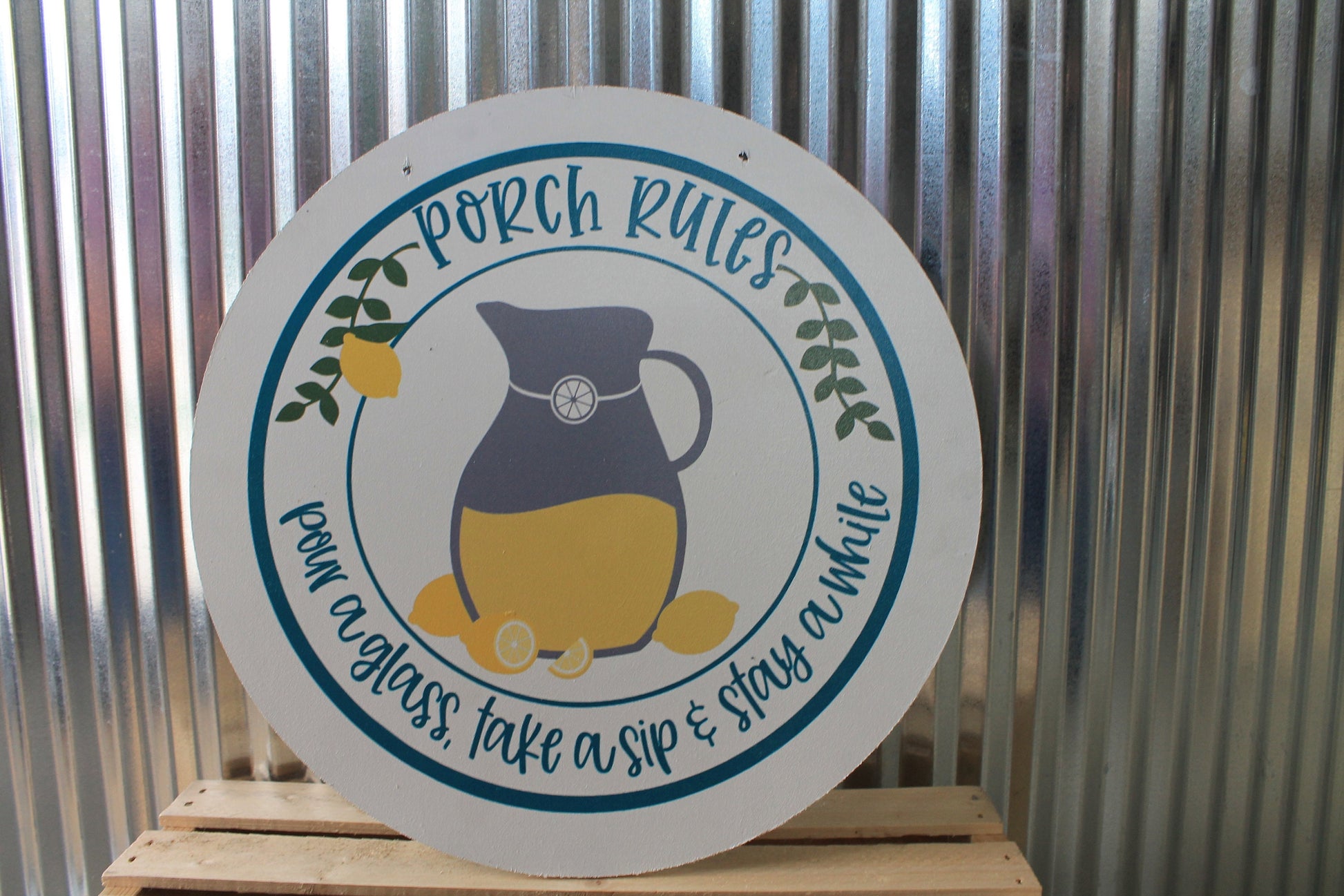 Porch Rules Lemonade Pitcher Pour a glass take a sip Stay awhile Wood Door Hanger Round Front Door Entryway Decor Plaque Wall Art Wood Print