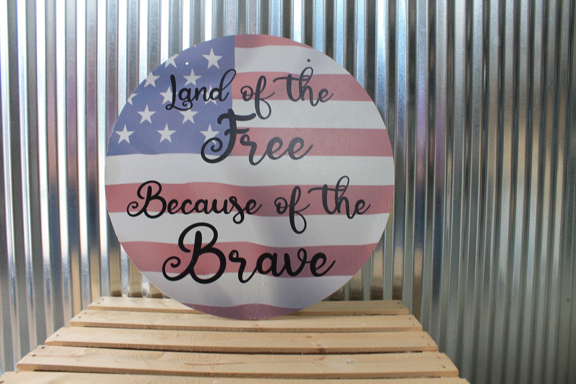 Home of the Free Because of the Brave American Flag Wall Hanger Wreath Sign Door Hanger Round Front Door Entry Way Decor Plaque Wood Print