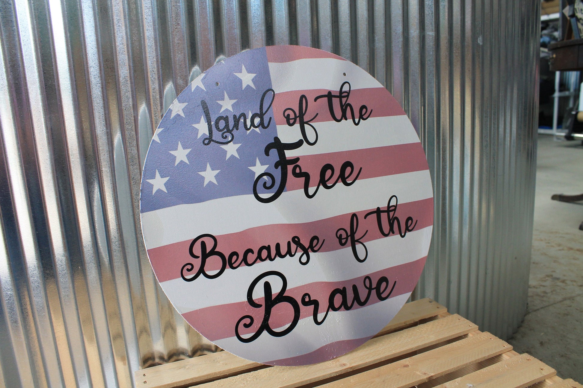 Home of the Free Because of the Brave American Flag Wall Hanger Wreath Sign Door Hanger Round Front Door Entry Way Decor Plaque Wood Print