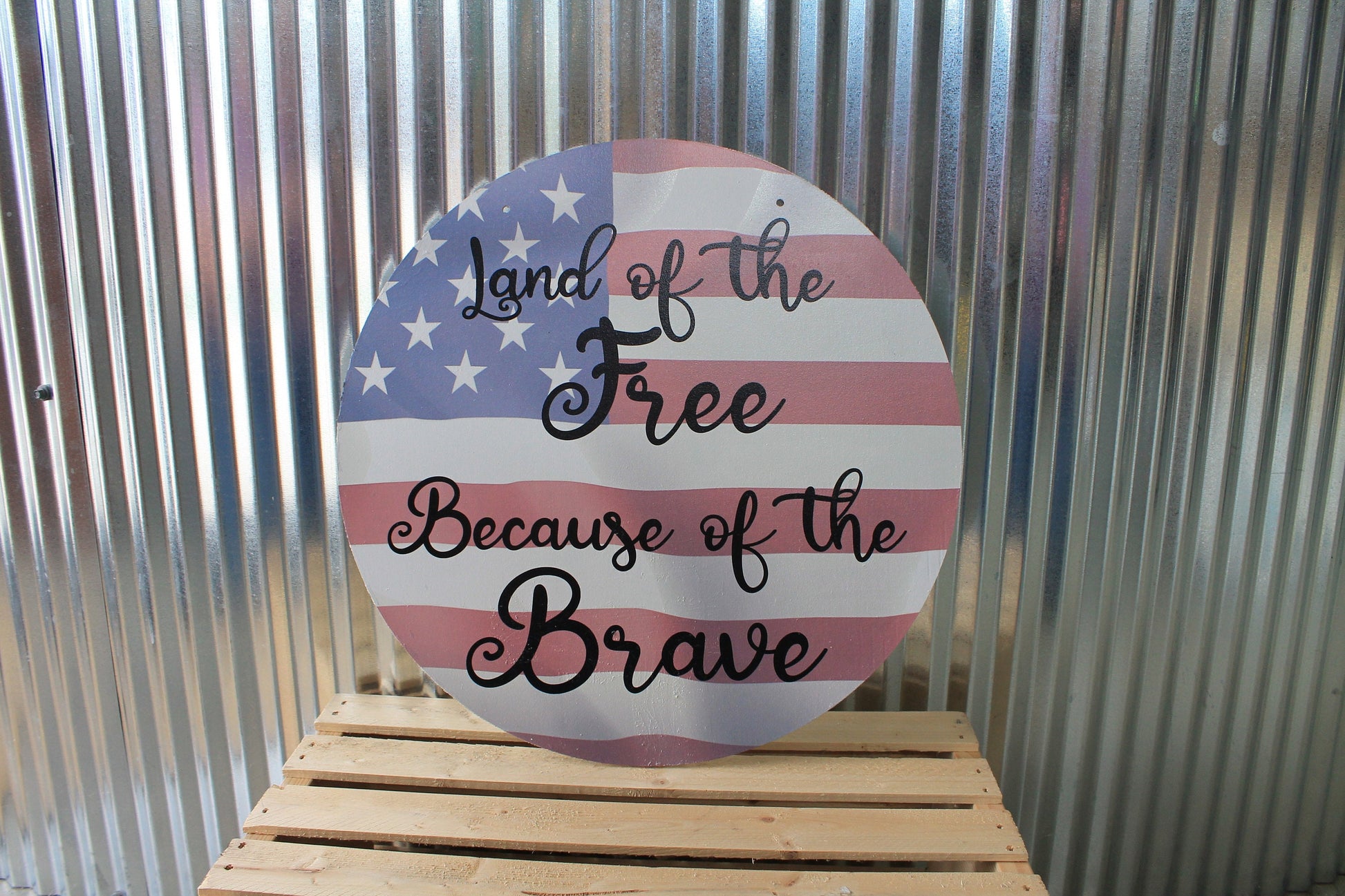 Home of the Free Because of the Brave American Flag Wall Hanger Wreath Sign Door Hanger Round Front Door Entry Way Decor Plaque Wood Print