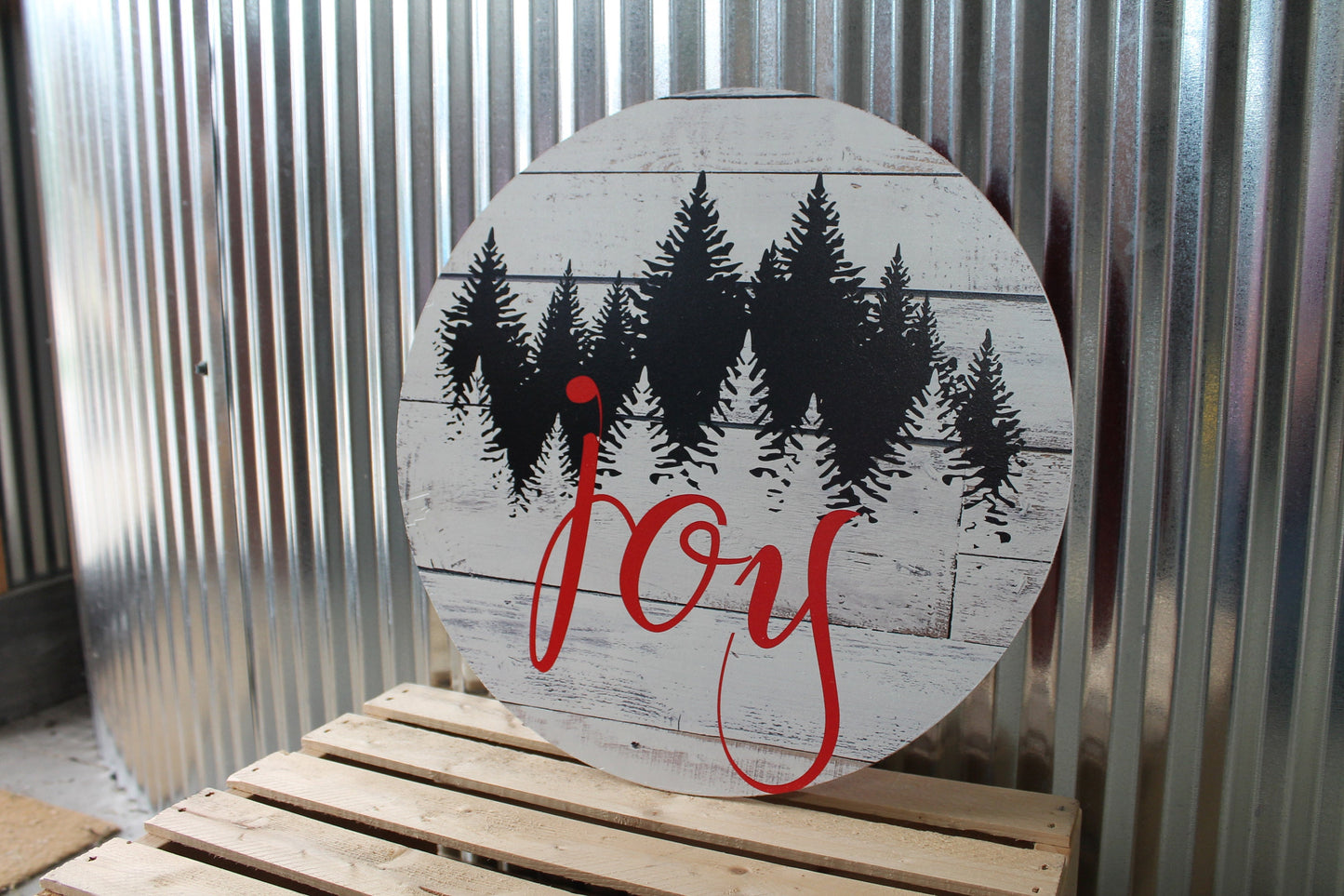 Joy Winter Pine Trees Rustic Christmas Wall Hanger Wreath Sign Door Hanger Round Front Door Entry Way Decor Plaque Wood Print