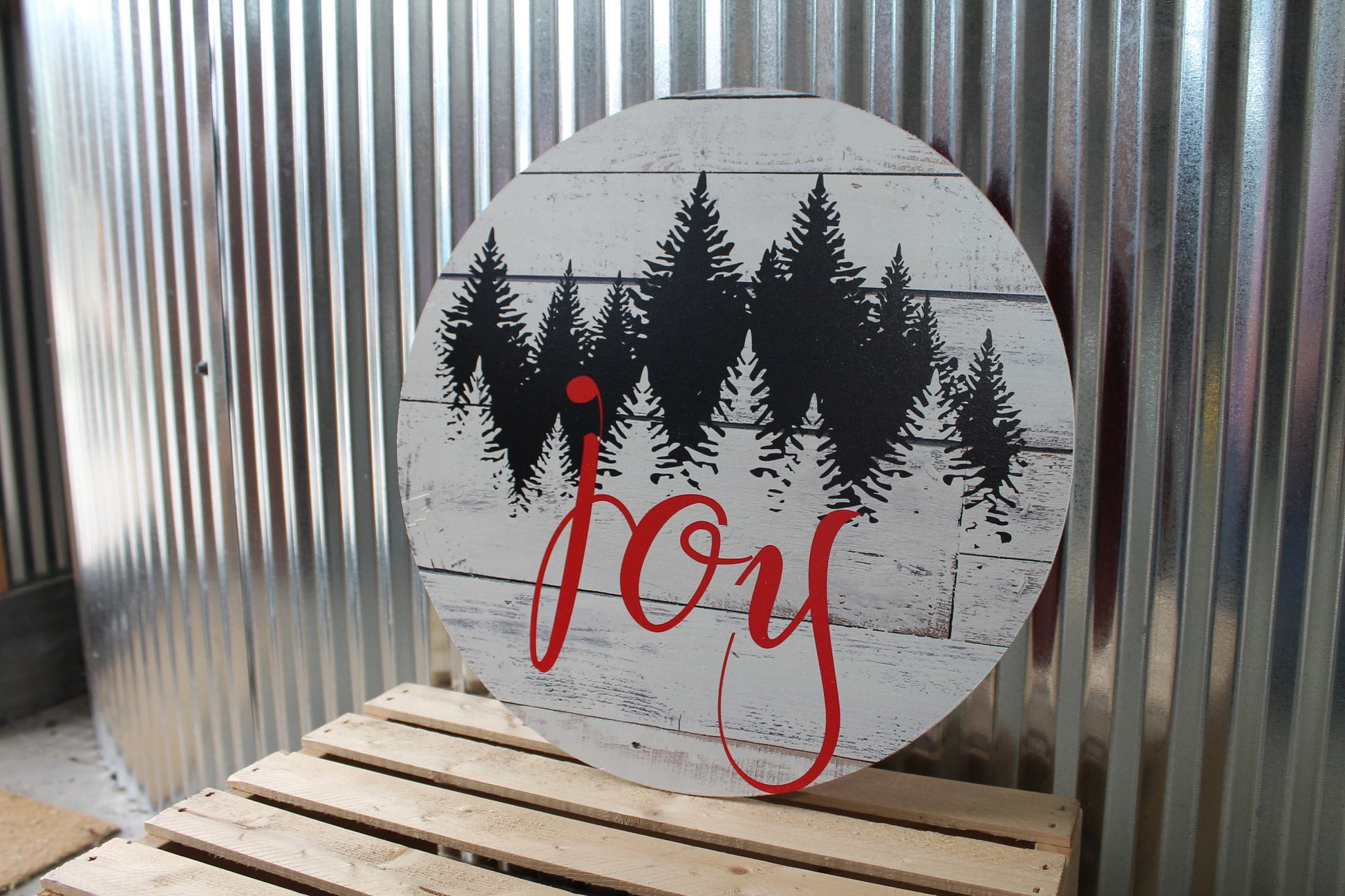 Joy Winter Pine Trees Rustic Christmas Wall Hanger Wreath Sign Door Hanger Round Front Door Entry Way Decor Plaque Wood Print