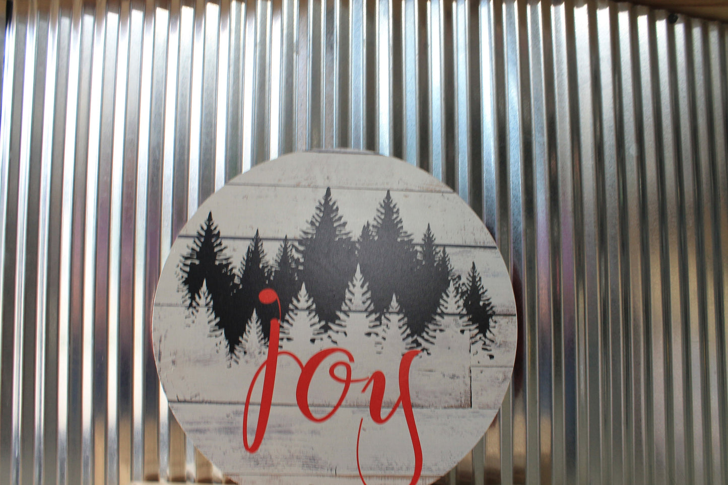Joy Winter Pine Trees Rustic Christmas Wall Hanger Wreath Sign Door Hanger Round Front Door Entry Way Decor Plaque Wood Print