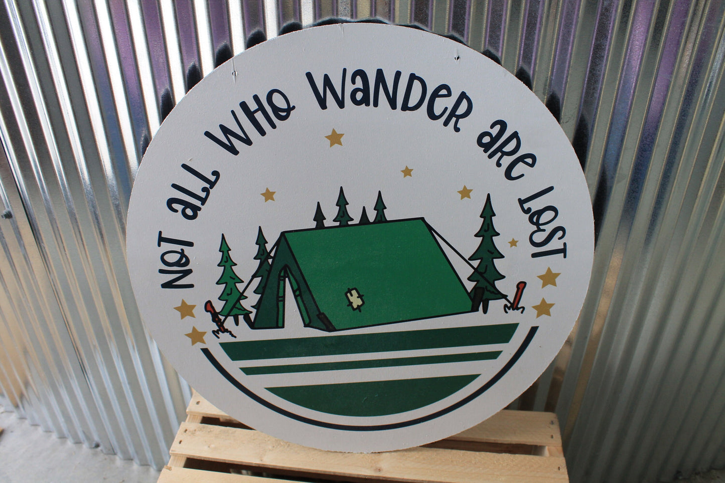 Not all Who Wander are Lost Camp Tent Summer Wall Hanger Wreath Sign Door Hanger Round Front Door Entry Way Decor Plaque Wood Print
