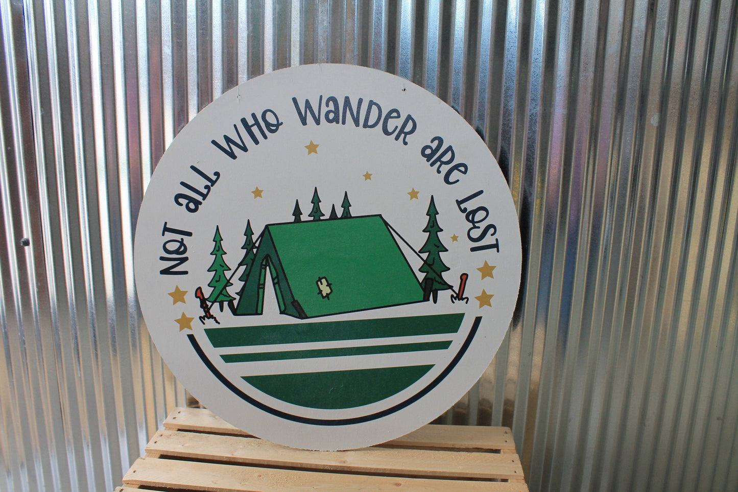 Not all Who Wander are Lost Camp Tent Summer Wall Hanger Wreath Sign Door Hanger Round Front Door Entry Way Decor Plaque Wood Print