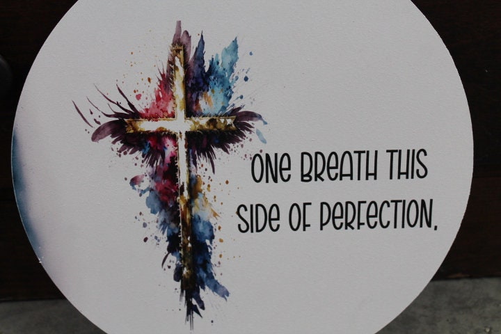 Cross Resurrection One Breath Perfection Jesus Faith Wall Hanger Wreath Sign Door Hanger Round Front Door Entry Way Decor Plaque Wood Print