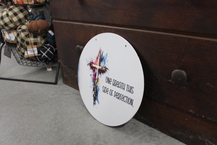 Cross Resurrection One Breath Perfection Jesus Faith Wall Hanger Wreath Sign Door Hanger Round Front Door Entry Way Decor Plaque Wood Print