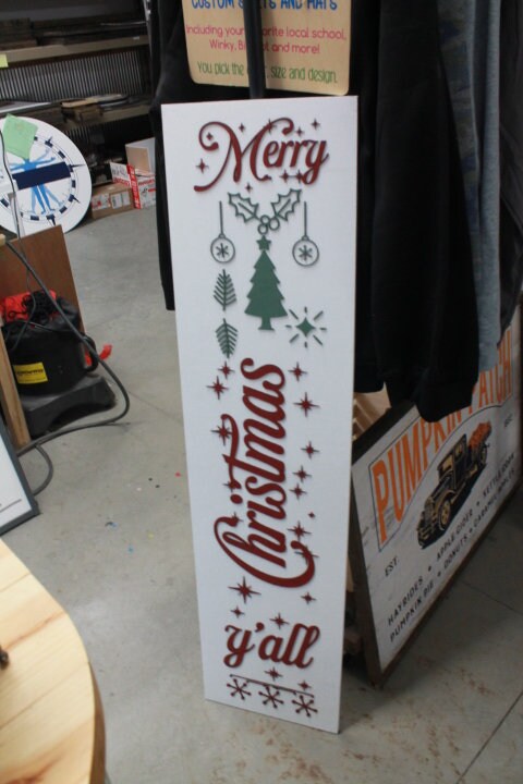 Merry Christmas Yall Farmhouse Porch Leaner Step Door Sign 3D Handmade Winter Unframed Red and Green Country Southern