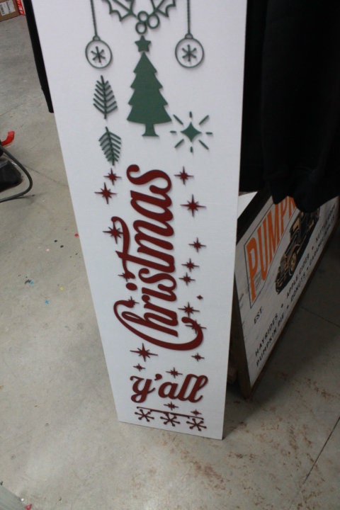 Merry Christmas Yall Farmhouse Porch Leaner Step Door Sign 3D Handmade Winter Unframed Red and Green Country Southern