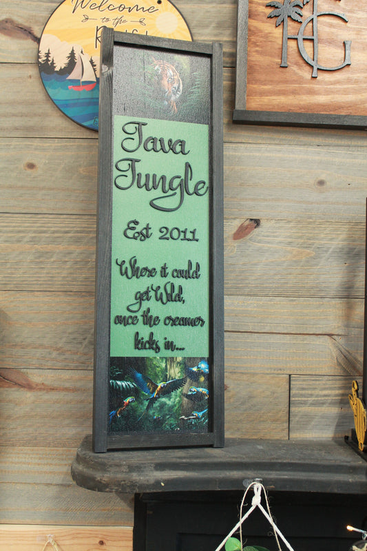 Tiger Java Coffee Custom Coffee Bar Jungle Printed and Raised 3D Handmade Framed Kitchen Decor Green Wooden Sign