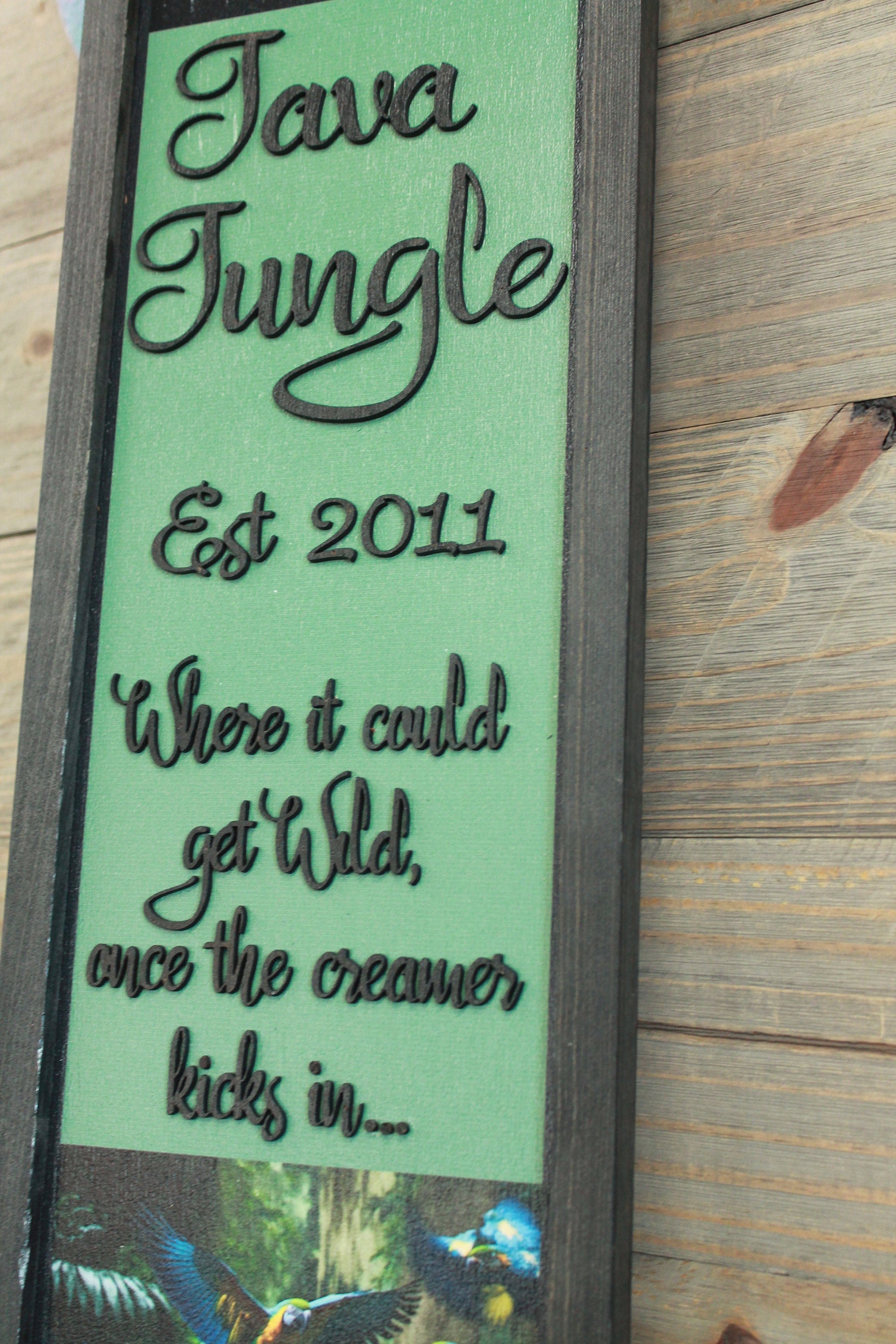 Tiger Java Coffee Custom Coffee Bar Jungle Printed and Raised 3D Handmade Framed Kitchen Decor Green Wooden Sign