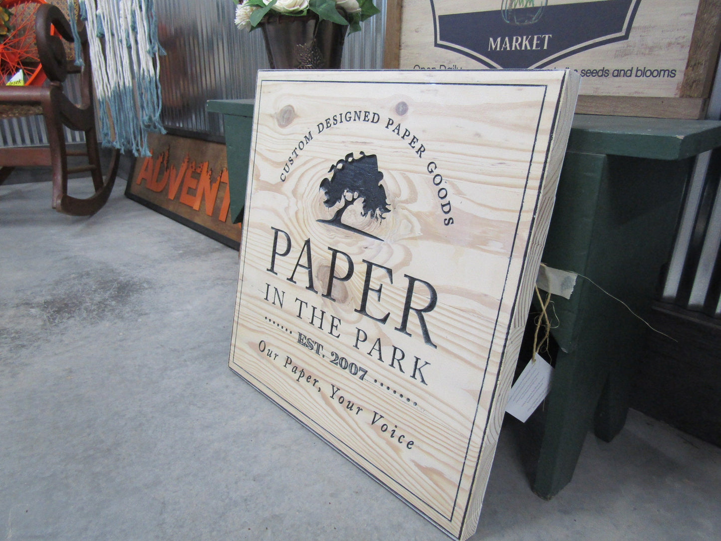 Square Park Tree Wood Carved Engraved Color Filled Business Commerical Signage Your Logo Handmade Custom Oversized Pine Store Front Sign