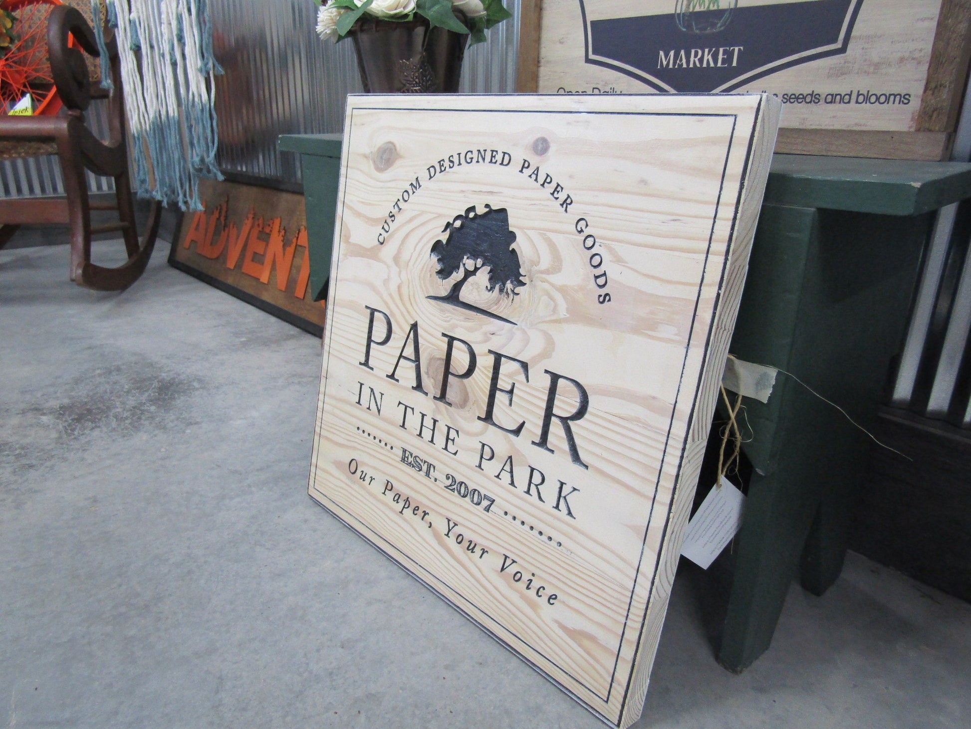 Square Park Tree Wood Carved Engraved Color Filled Business Commerical Signage Your Logo Handmade Custom Oversized Pine Store Front Sign