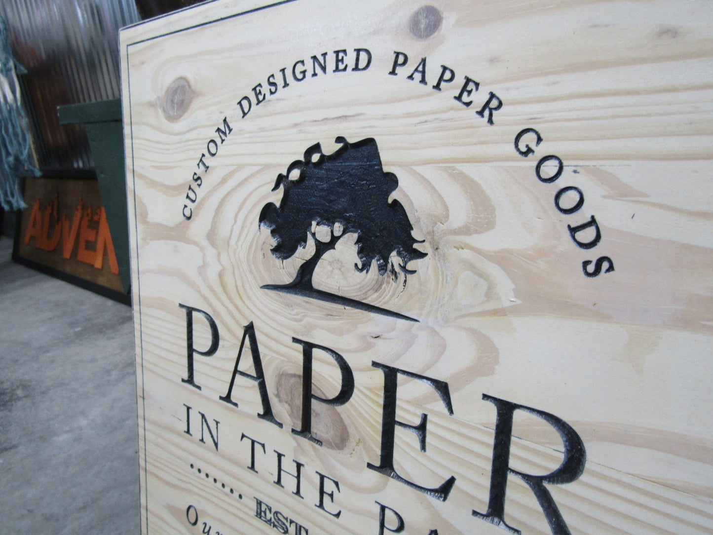 Square Park Tree Wood Carved Engraved Color Filled Business Commerical Signage Your Logo Handmade Custom Oversized Pine Store Front Sign