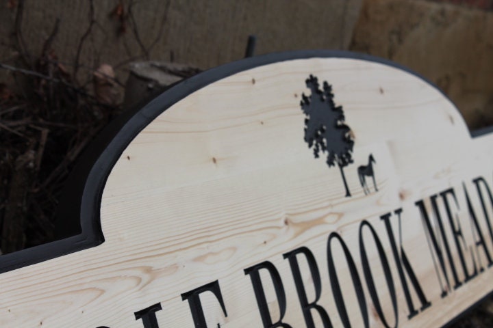 Neighborhood Entrance Sign Address Horse Meadows Engraved Inscribed Pine Paint filled Tree Subdivision Commerical Business Handmade