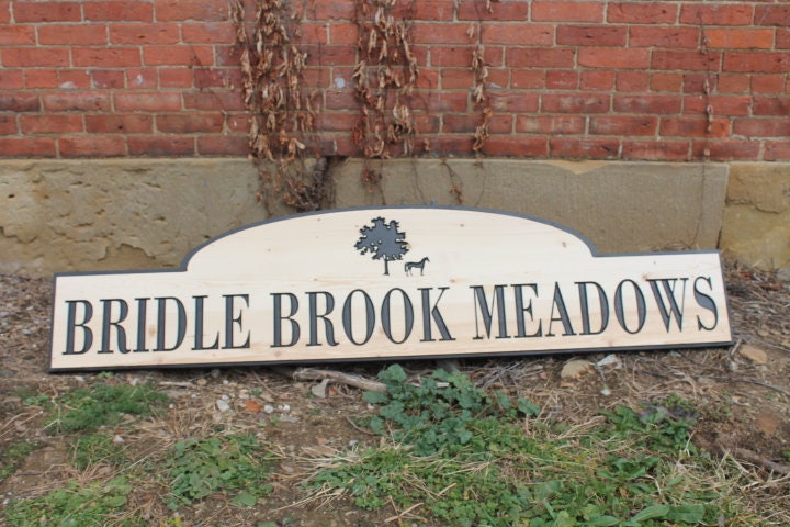 Neighborhood Entrance Sign Address Horse Meadows Engraved Inscribed Pine Paint filled Tree Subdivision Commerical Business Handmade
