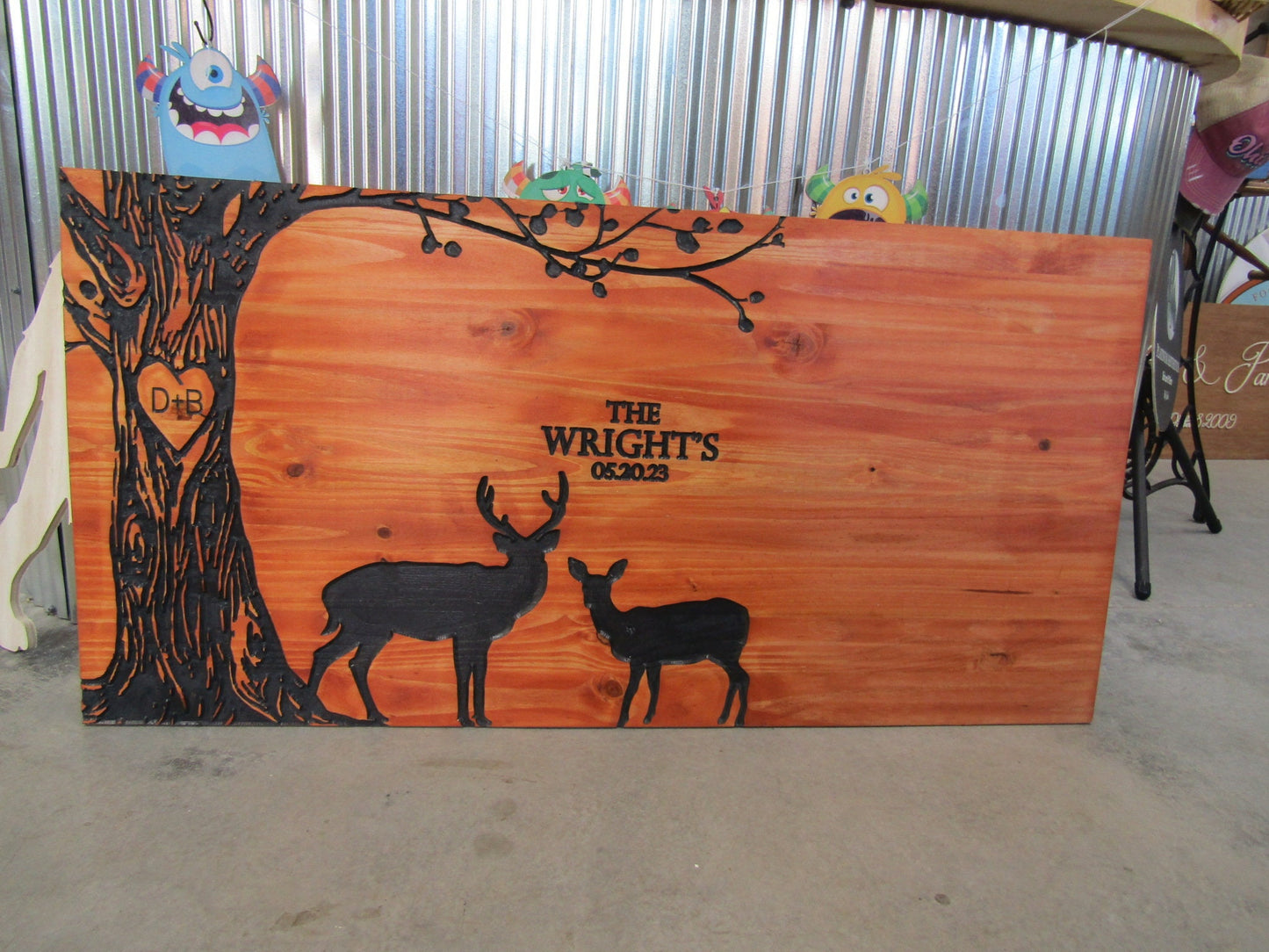 Wedding Gift Anniversary Deer Doe Tree Custom Personalized Engraved Routed Wooden Pine Sign Home Decor Gift Gift for him Paint Filled