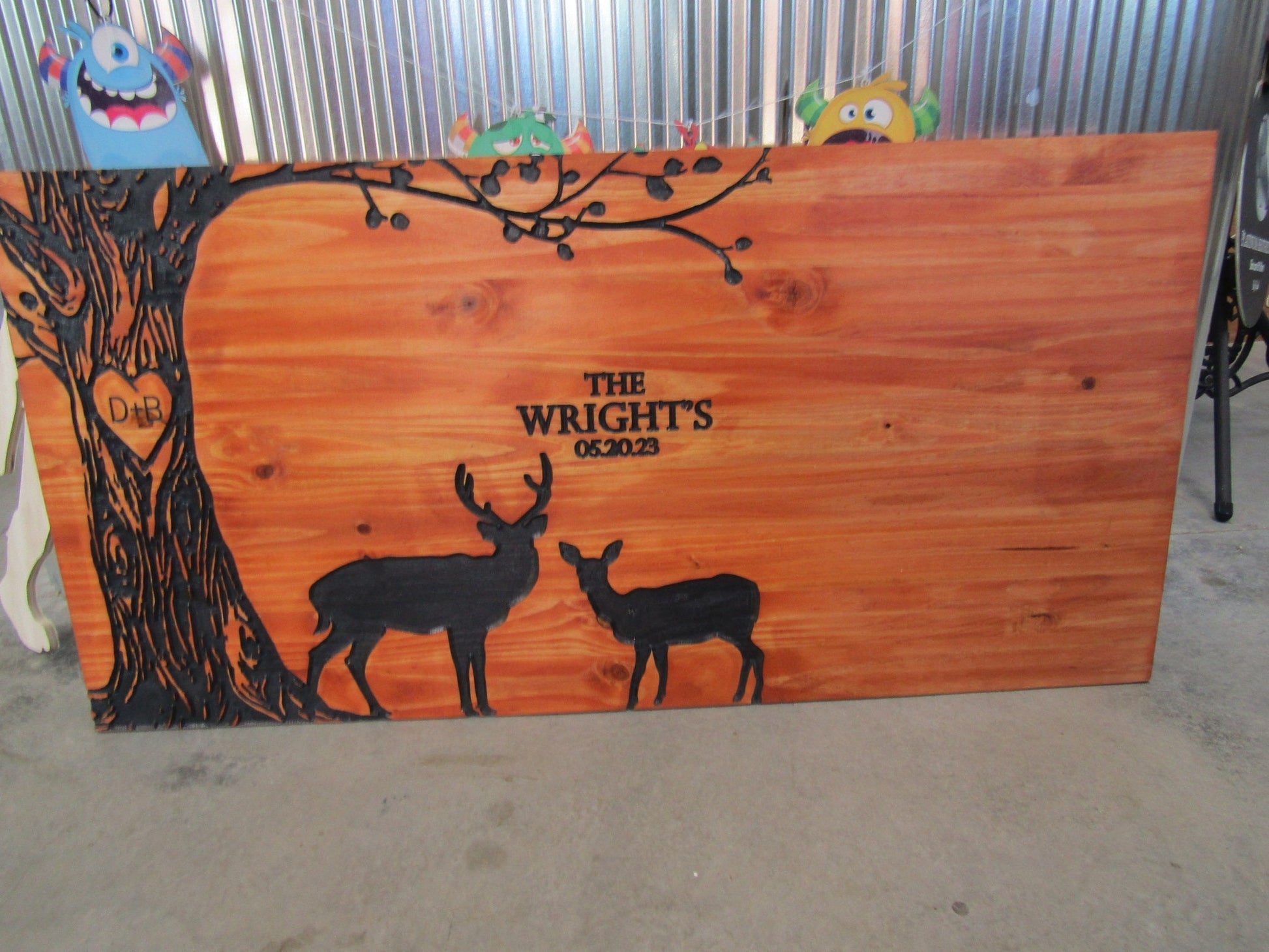 Wedding Gift Anniversary Deer Doe Tree Custom Personalized Engraved Routed Wooden Pine Sign Home Decor Gift Gift for him Paint Filled