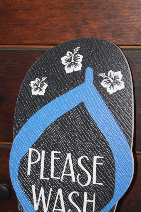 Contour Tropical Flipflop Please Wash Sand BNB Vacation Home Pool Beach Hibiscus Outdoor Weather Proof PVC Textured Woodgrain