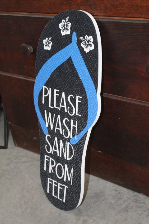 Contour Tropical Flipflop Please Wash Sand BNB Vacation Home Pool Beach Hibiscus Outdoor Weather Proof PVC Textured Woodgrain